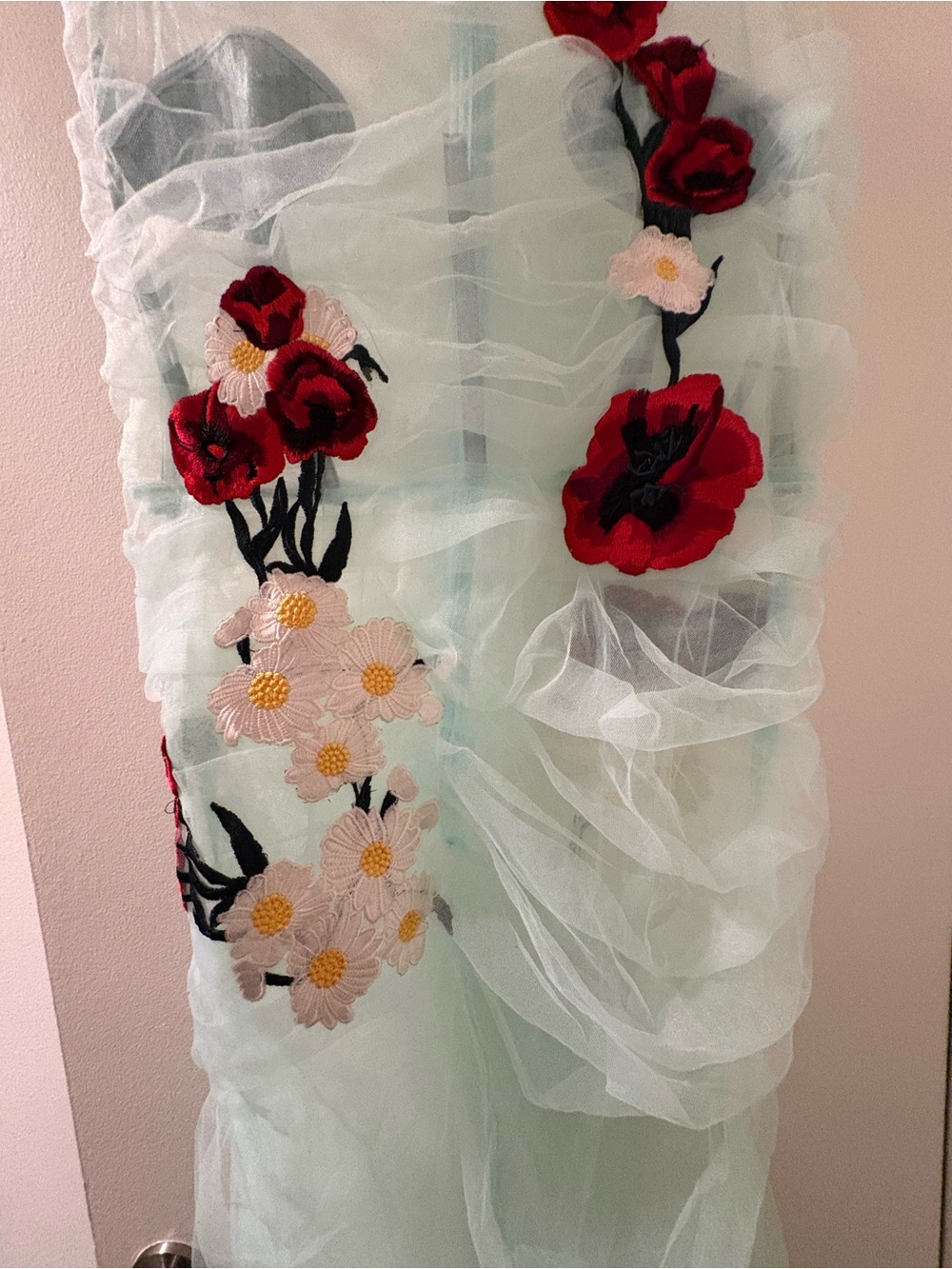Floral Embroidered Long Sleeve sheer  Dress in Mint with Red & White Blooms